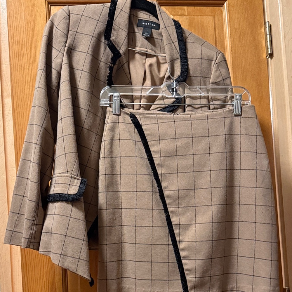 Halogen Beige Checkered Blazer and Skirt Set